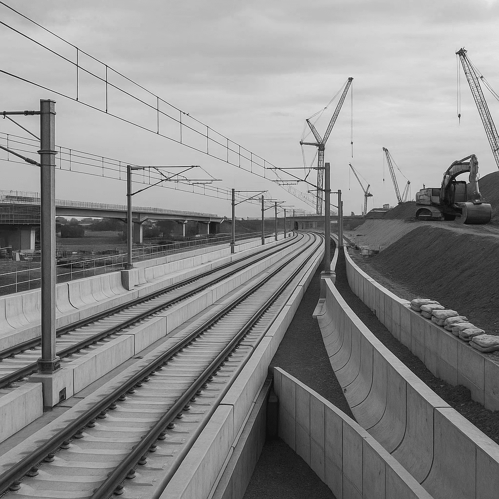 High-speed rail tracks under construction on the HS2 line, with gantry cranes and a concrete embankment.